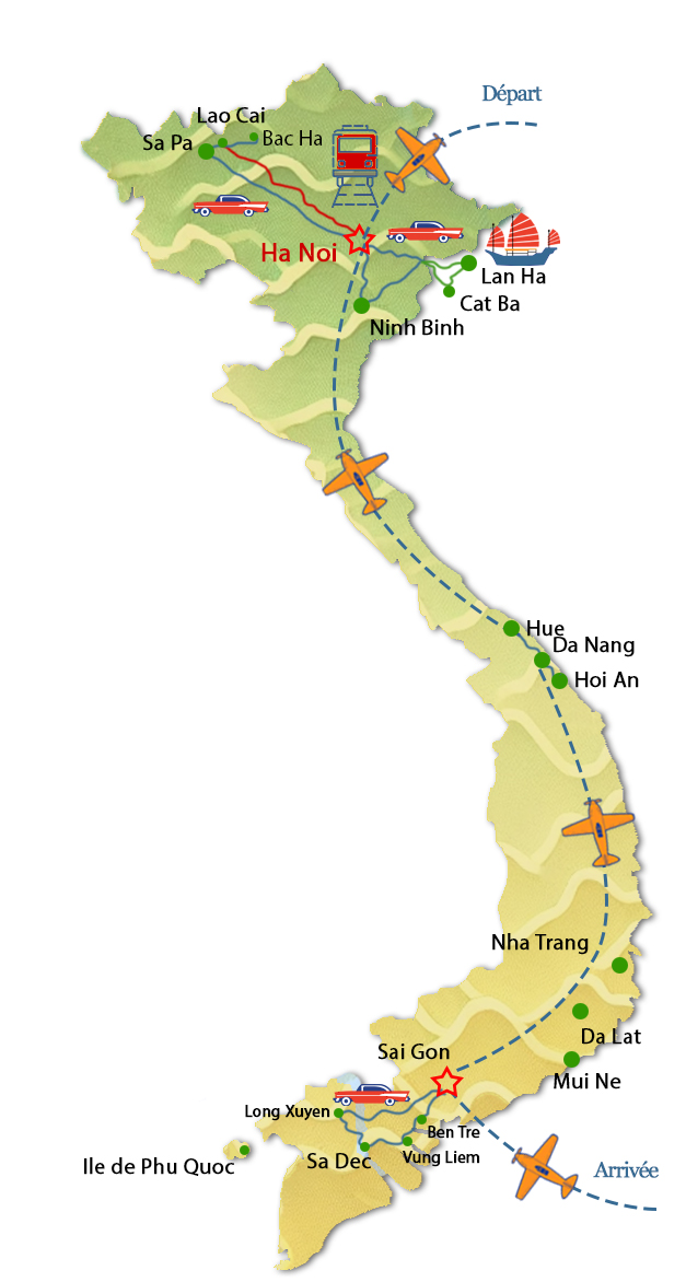 Itin&eacute;raire au Vietnam entre amis du Sud au Nord Carte du circuit